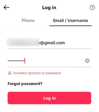 TikTok Incorrect account or password