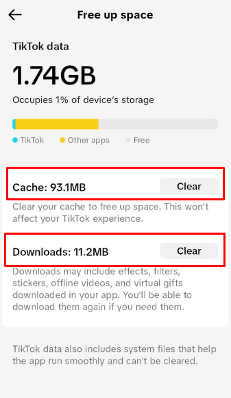 TikTok clear cache and downloads